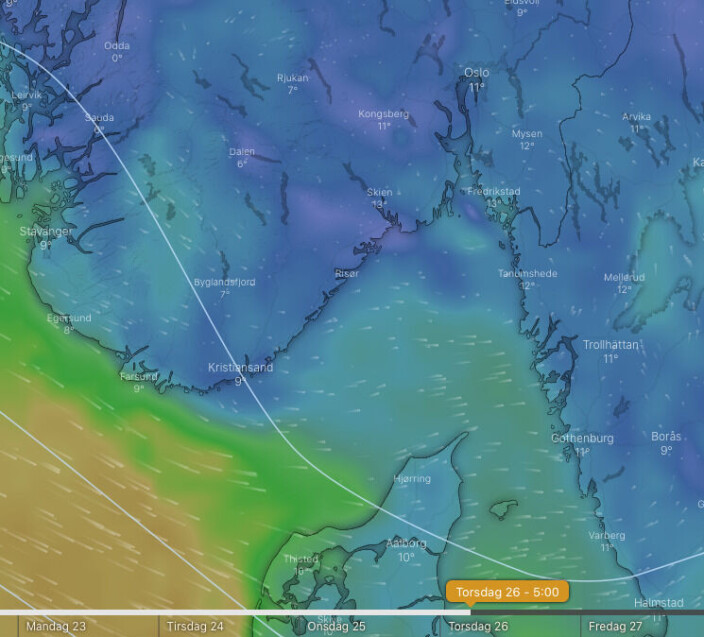 DREINING: Prognosen sier at vinden skal dreie mot vest torsdag morgen. Da løyer det nord i Skagerrak. DREINING: Prognosen sier at vinden skal dreie mot vest torsdag morgen. Da løyer det nord i Skagerrak.