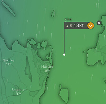 KL 15.00: Skjøtet kan slakkes ut fra start mot Horten, men etter det blir det stramt i lang tid. KL 15.00: Skjøtet kan slakkes ut fra start mot Horten, men etter det blir det stramt i lang tid.