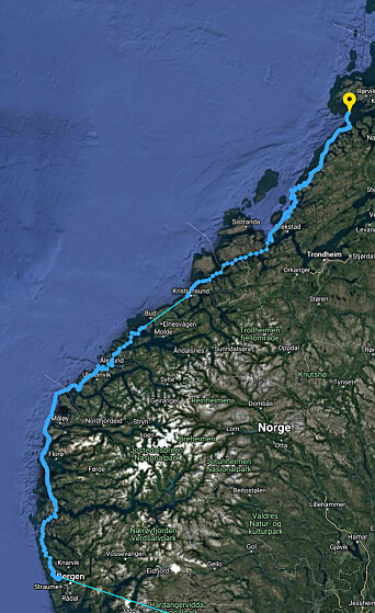 UTSEILT DISTANSE: Gutta er nå helt nord i Trøndelag etter å ha startet fra Bergen. UTSEILT DISTANSE: Gutta er nå helt nord i Trøndelag etter å ha startet fra Bergen.