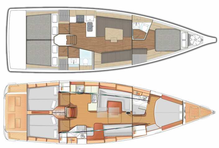 INNREDNING: X-yachts øverst og Arcona nederst. Volumdisponeringen er svært lik. INNREDNING: X-yachts øverst og Arcona nederst. Volumdisponeringen er svært lik.