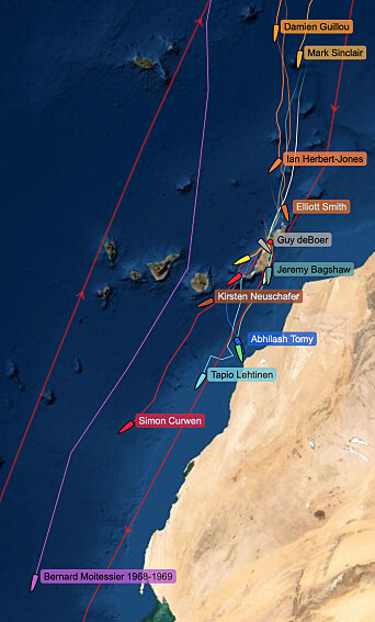 STREKK: Feltet på de 15 deltagene båtene strekker seg over 650 nautiske mil. 10 båter har passert Lanzarote. STREKK: Feltet på de 15 deltagene båtene strekker seg over 650 nautiske mil. 10 båter har passert Lanzarote.