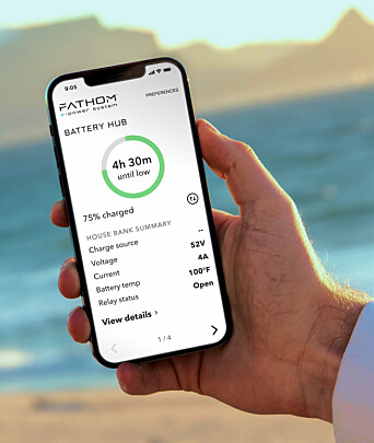 NYTT: Med Fathom e-Power kan du følge med strømforbruket i båten, også fra land. NYTT: Med Fathom e-Power kan du følge med strømforbruket i båten, også fra land.