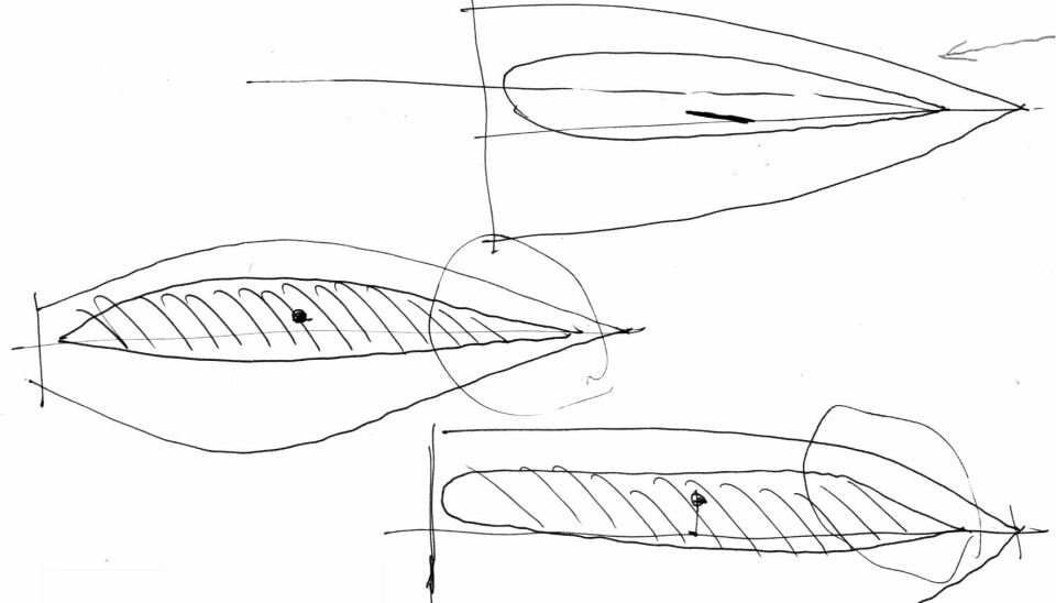 Finots skisse viser våt flate ved tradisjonelt skrog (t.v.) og open type (t.h.). Open type har symmetriske flater, en tradisjonell båt «banan». Det gjør den logirig ved krengning.