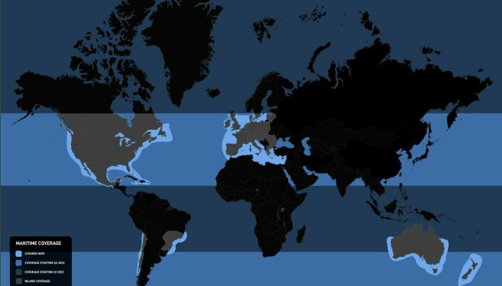 Kart som viser maritim dekning. Enkelte brukere rapporterer om fungerende internett i områder som i følge kartet ikke skal ha dekning.