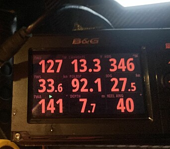 Fart: Loggen viser 27, 5 knop i 33,6 knops vind. Fart: Loggen viser 27, 5 knop i 33,6 knops vind.