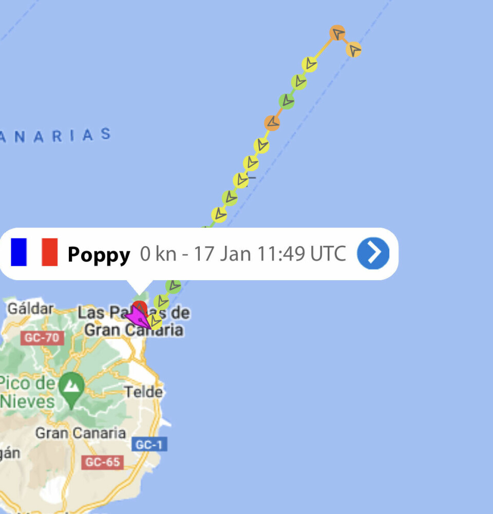 AIS: «Poppy» har AIS, og i følge Marine Traffic ligger båten nå i Las Palmas.