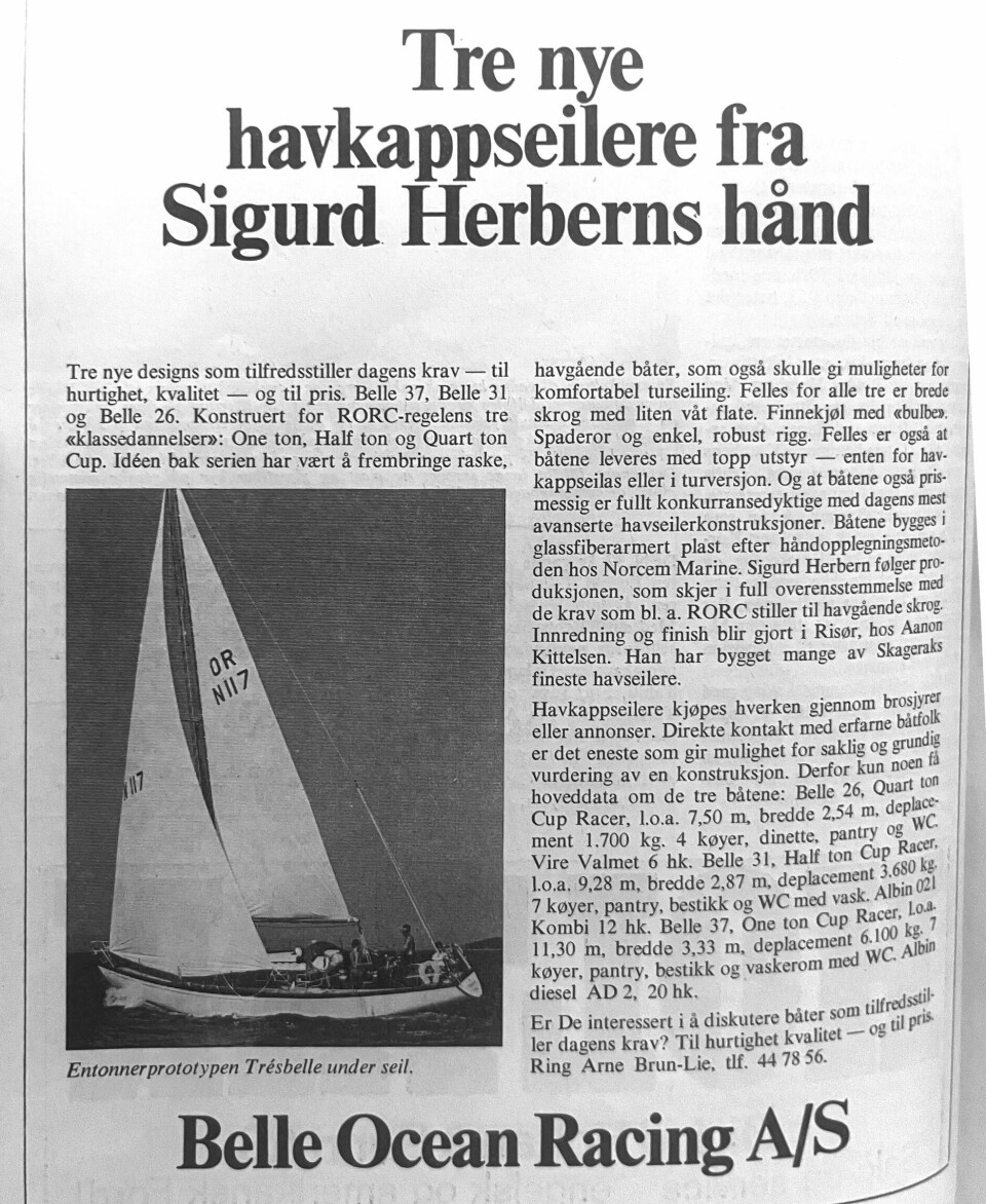 ANNONSE: Belle Ocean Racing annonserte i Seilas med et bilde av «Tresbelle» i 1969.