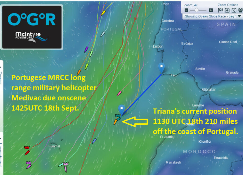 McIntyre OCEAN GLOBE 2023: Triana is currently 210 nautical miles South West of Portugal.