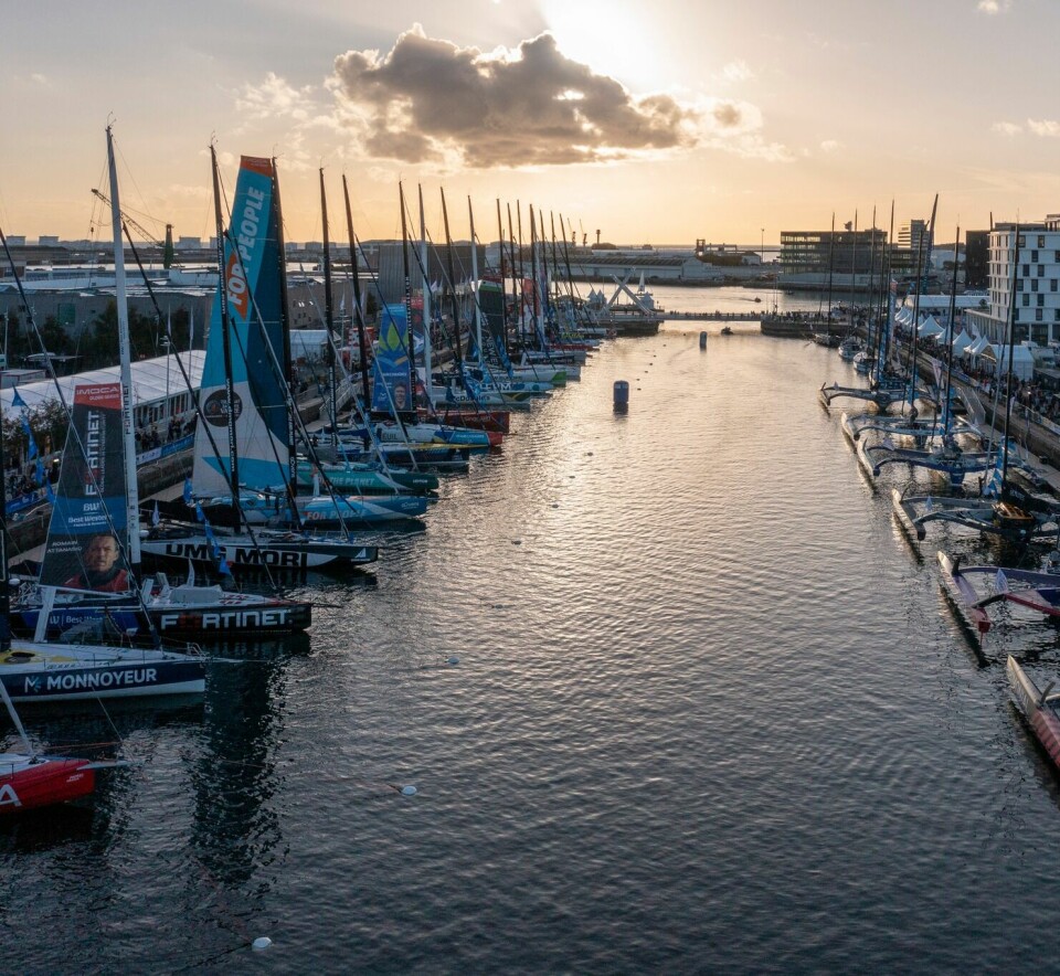 LE HAVRE, FRANCE - OCTOBER 22:  Imoca and Ocean Fifty boats are illustrated from above in the docks during the Transat Jacques Vabre, in Le Havre, France, on October 22, 2023. (photo by Jean-Marie Liot / Alea)