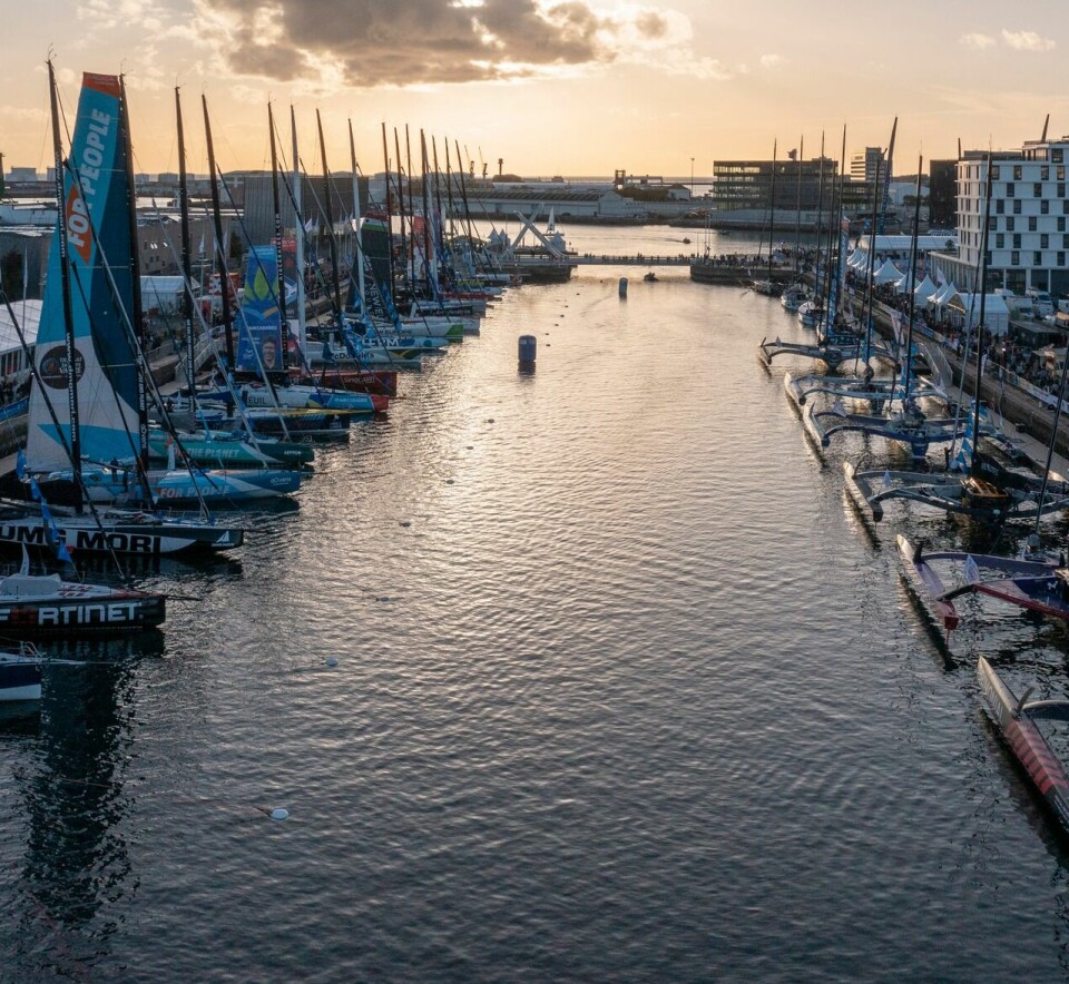 LE HAVRE, FRANCE - OCTOBER 22:  Imoca and Ocean Fifty boats are illustrated from above in the docks during the Transat Jacques Vabre, in Le Havre, France, on October 22, 2023. (photo by Jean-Marie Liot / Alea)