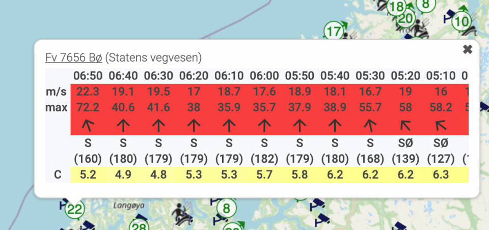 BØ: Vindmåleren til Statens Vegvesen måler vindkast på 72 m/s i Vesterålen mandag morgen.