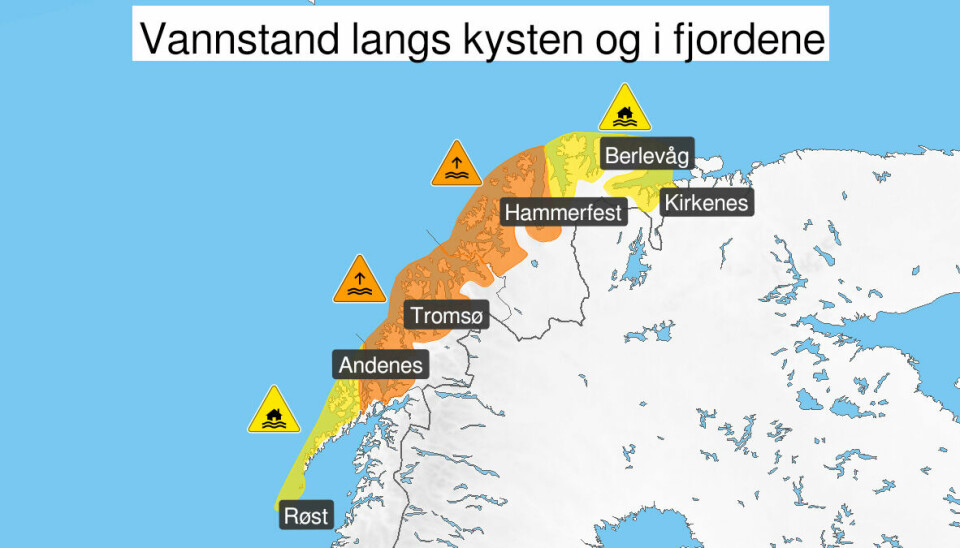 HØYVANN: Områder med svært høy vannstand markert med orange.