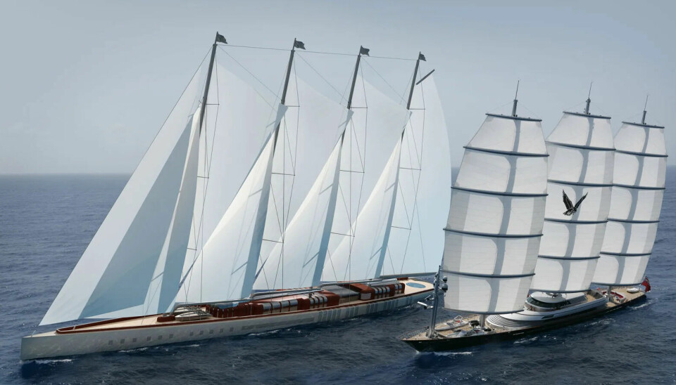 GIGANTER: Dream Symphony (141 meter) er bygget i tre og vil bli verdens største seilbåt, etter over et tiår på tegnebrettet. Black Pearl (87 meter) er også blant verdens største, og begge er tegnet av Nederlandske Dykstra