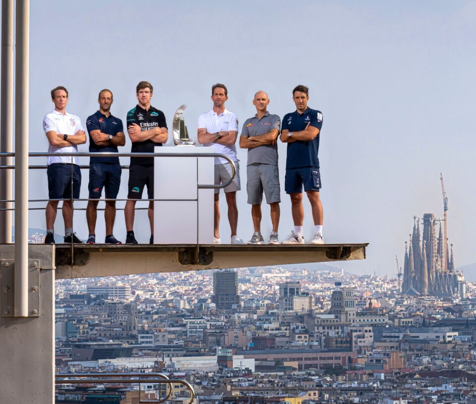SKIPPERE: Paul Goodison, NYYC American Magic, Arnaud Psarofaghis Alinghi Red Bull Racing, Peter Burling Emirates Team New Zealand, Ben Ainslie Ineao Brittania, Francesco Bruni Luna Rossa Prada Pirelli og Quentin Delapierre Orient Express Racing Team. August 21, 2024. Skippers Portrait ahead of the Press Conference for the Louis Vuitton Preliminary Regatta