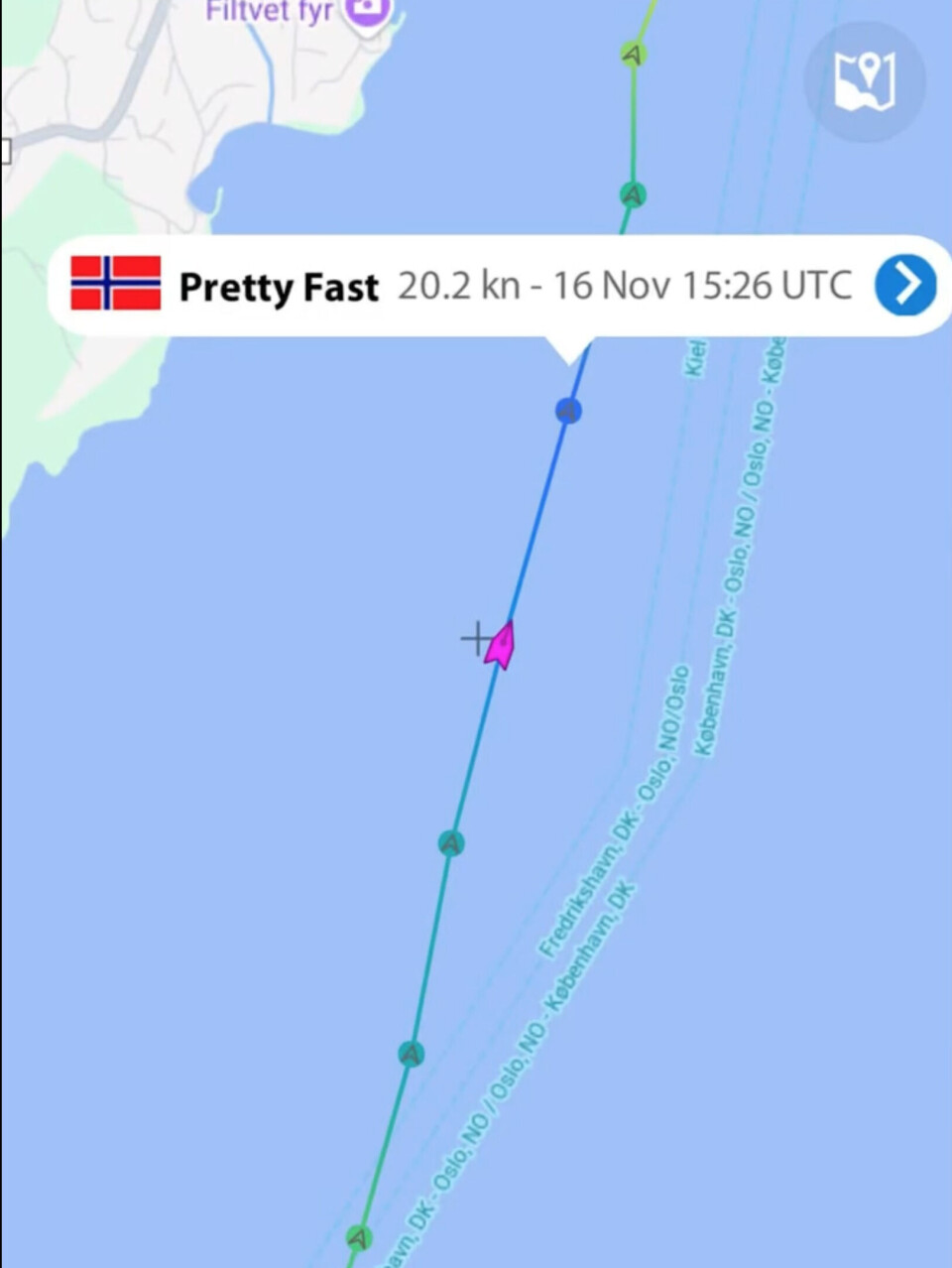 MARINE TRAFFIC: Skjermbildet viser en fart på 20,2 knop rett før Filtvet.