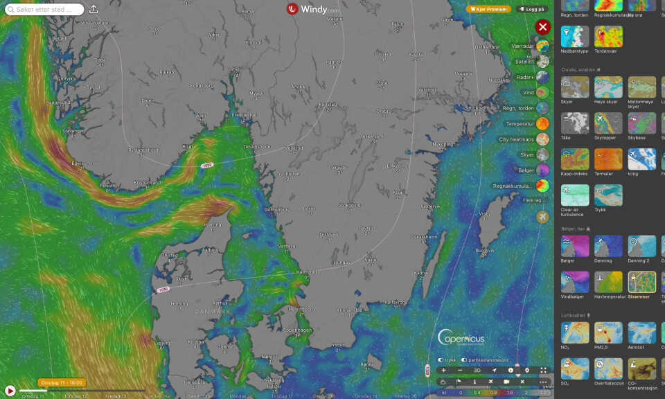 OMFATTENDE: Windy har en mengde valg. Her viser den strøm.