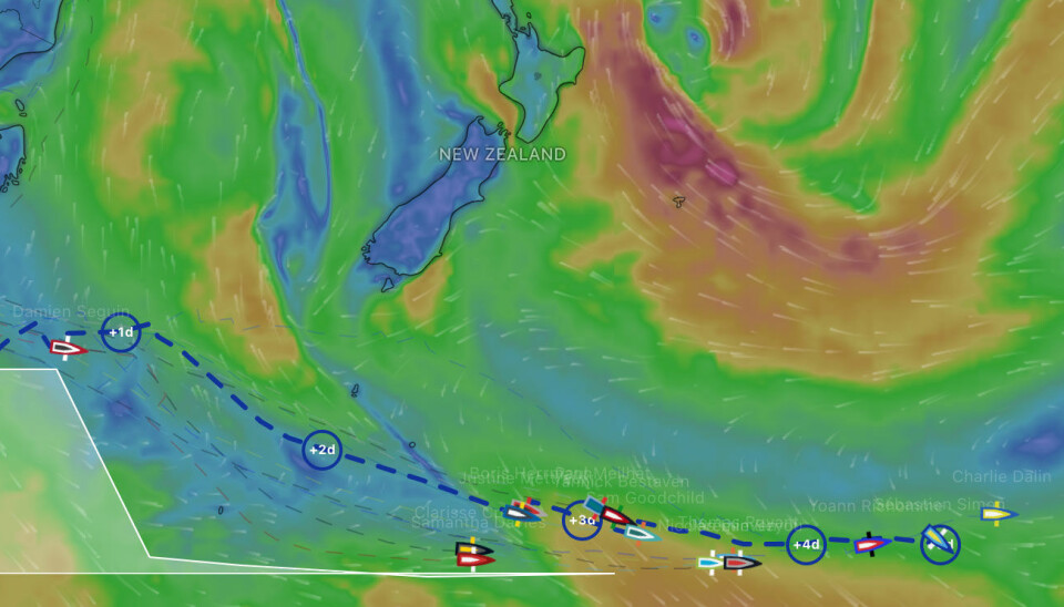 PROGNOSE: Plassering av båtene i tet etter prognosen på Windy. Nå viser den at de ti første båtene holder seg samlet.