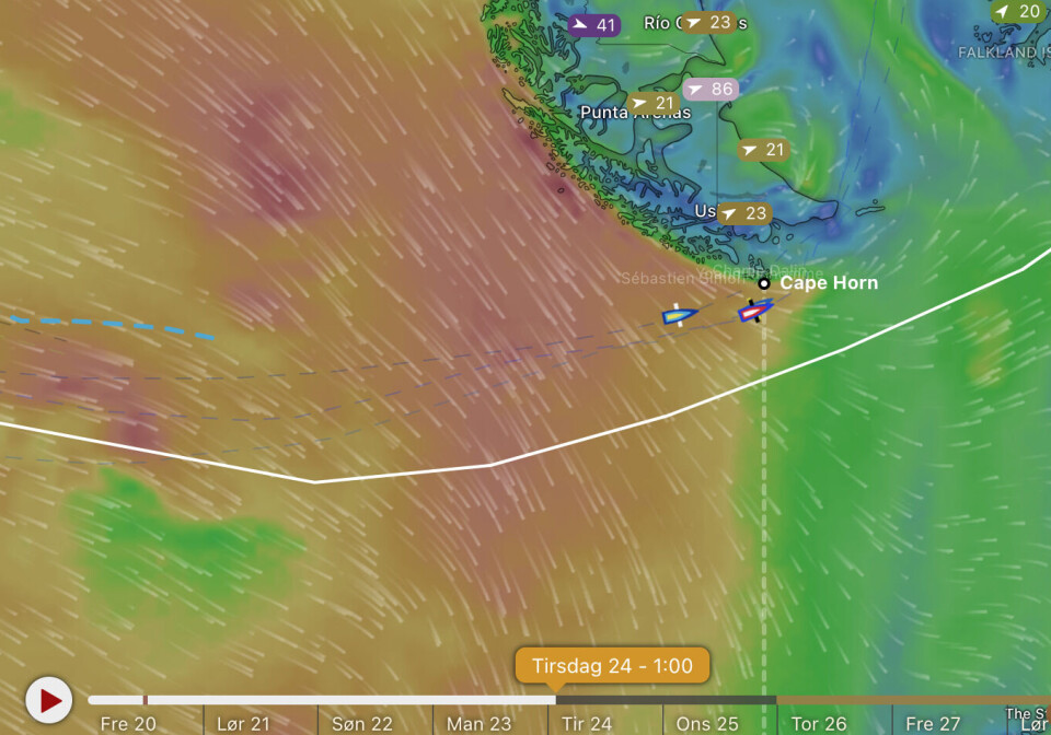 WINDY: Med plugin på Windy er det mulig å kjøre weatherrouting på båtene. Den viser at Charlie Dalin er rundt Kapp Horn natt til Juleaften