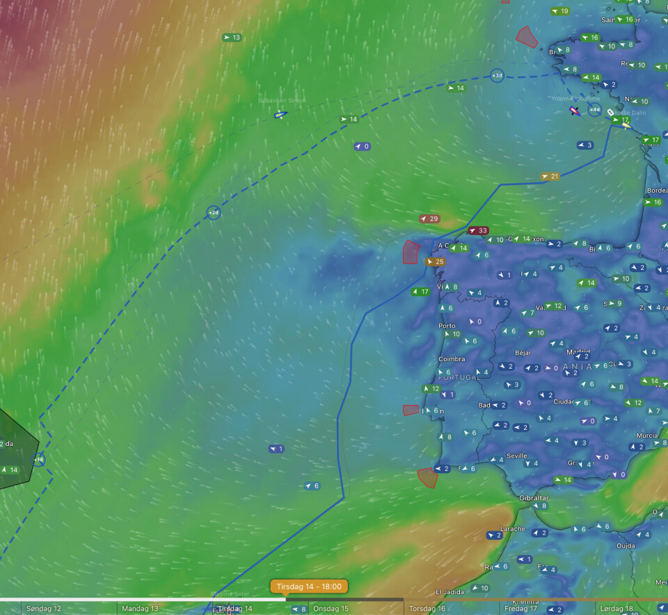 PROGNOSE: Weatherrouting viser at Charlie Dalin er i mål tirsdag kveld.