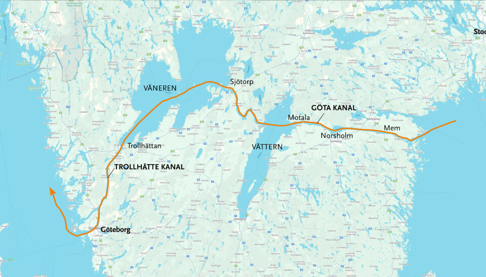 KANALER OG SJØER: Selve Göta kanal går fra Mem ved Østersjøen til Sjötorp. På den andre siden av innlandshavet Vänern starter Trollhätte Kanal.