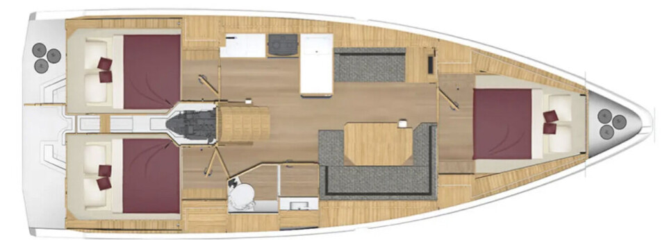 PLANLØSNING: Bavaria C38 med tre lugarer slik utstilt.