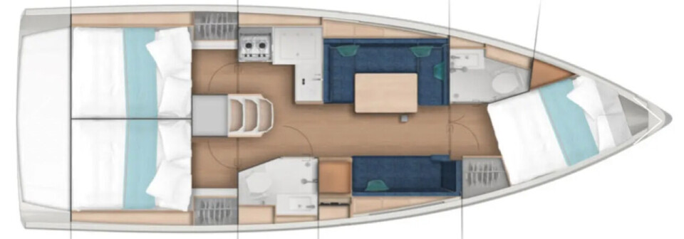 PLANLØSNING: Jeanneau Sun Odyssey 380 med tre lugarer.