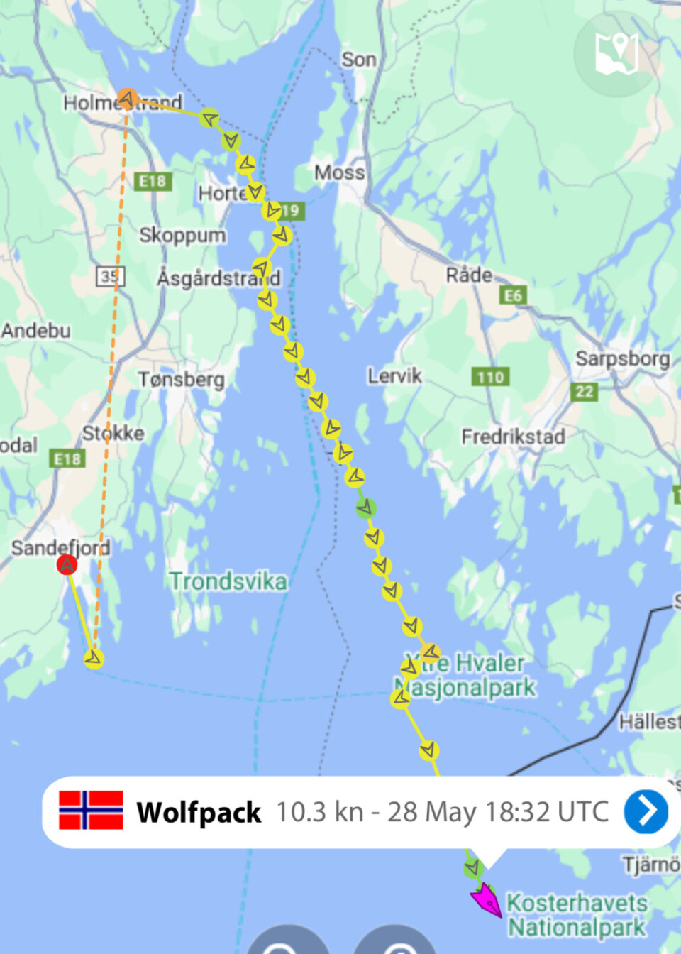 AIS: «F-16» er godt forbi Koster, og kan være i mål alt kl 03:00