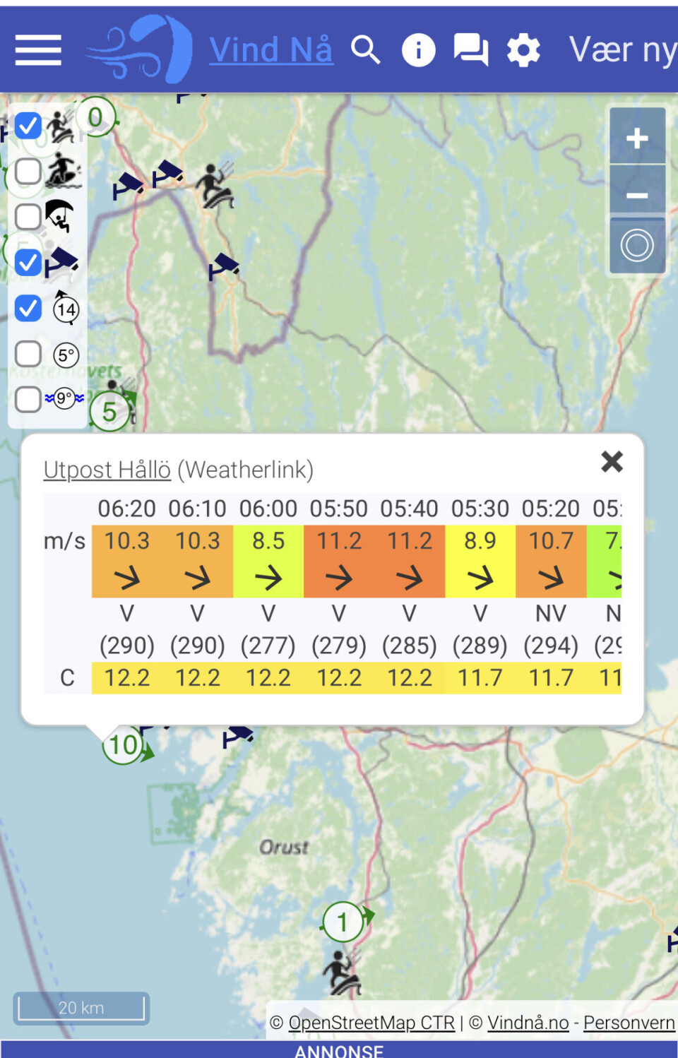 VIND: Frisk vind fra vest-nordvest med kast over 11 m/s under morgentimene ved Smögen.