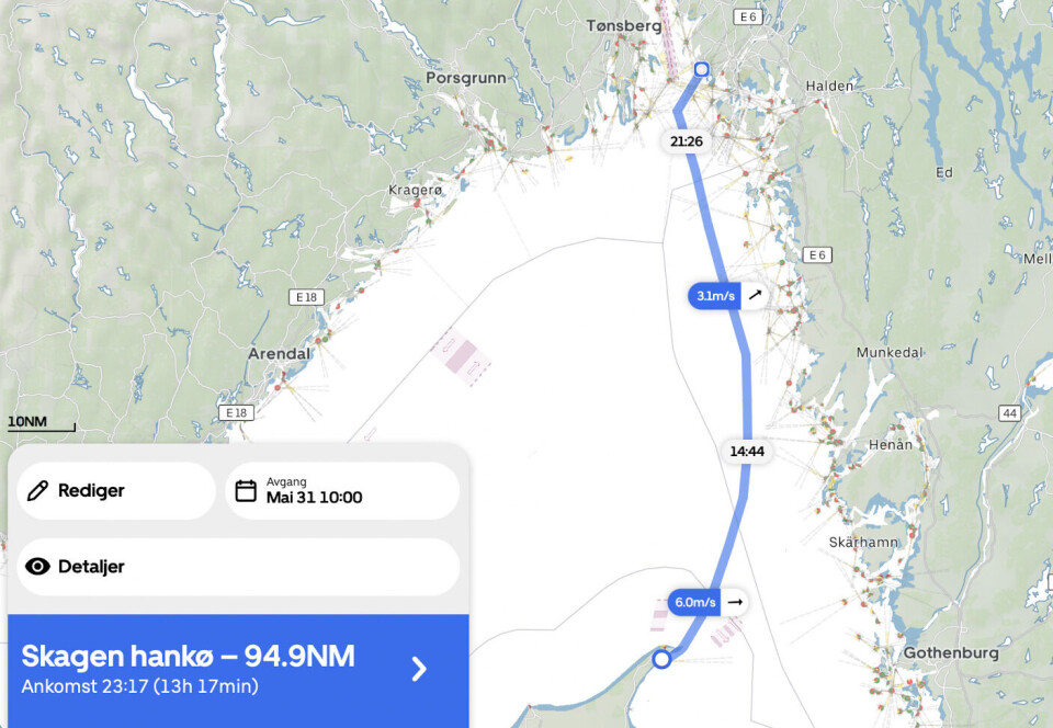 ROUTING: Orcas forslag til rute på returetappen til Hankø.