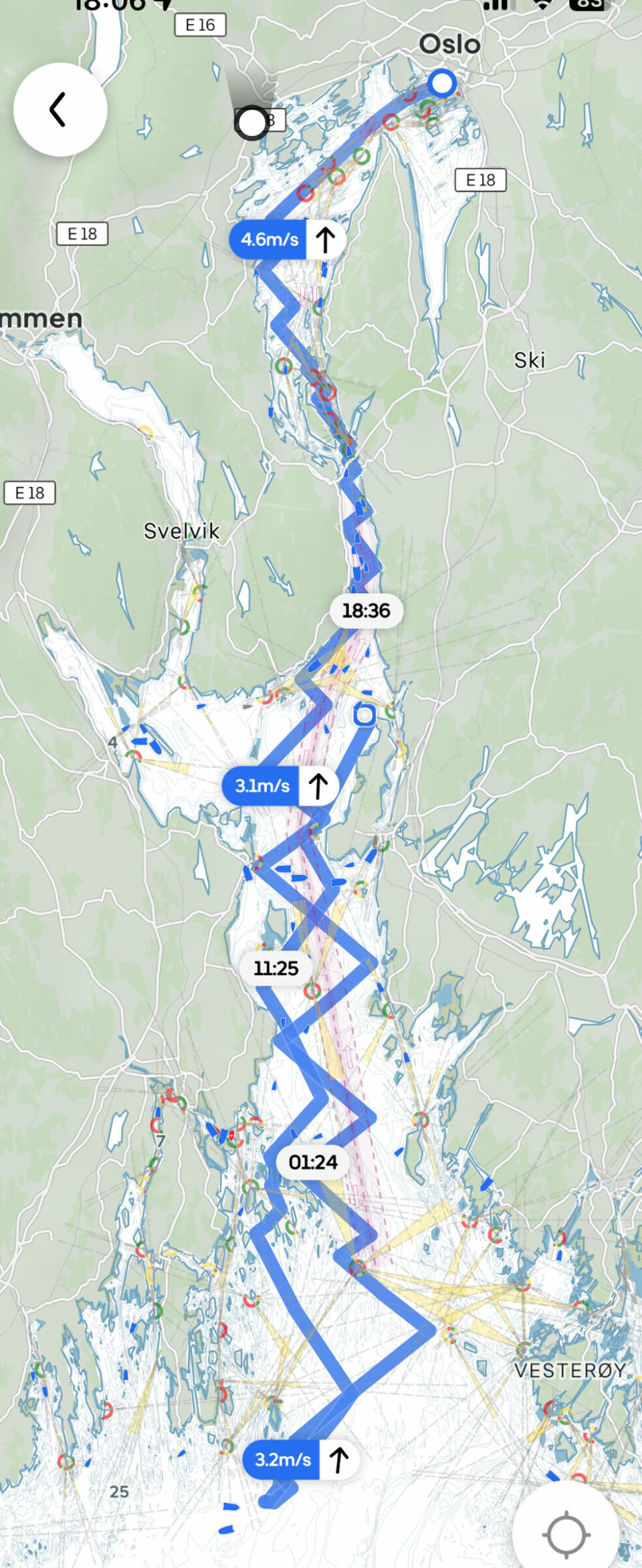 ROUTING: Navigasjonsappen Orcas banevalg. Den sier 23 timer for en rask 36-foter rundt Tristein. Runding av Færder Fyr godt etter soloppgang.