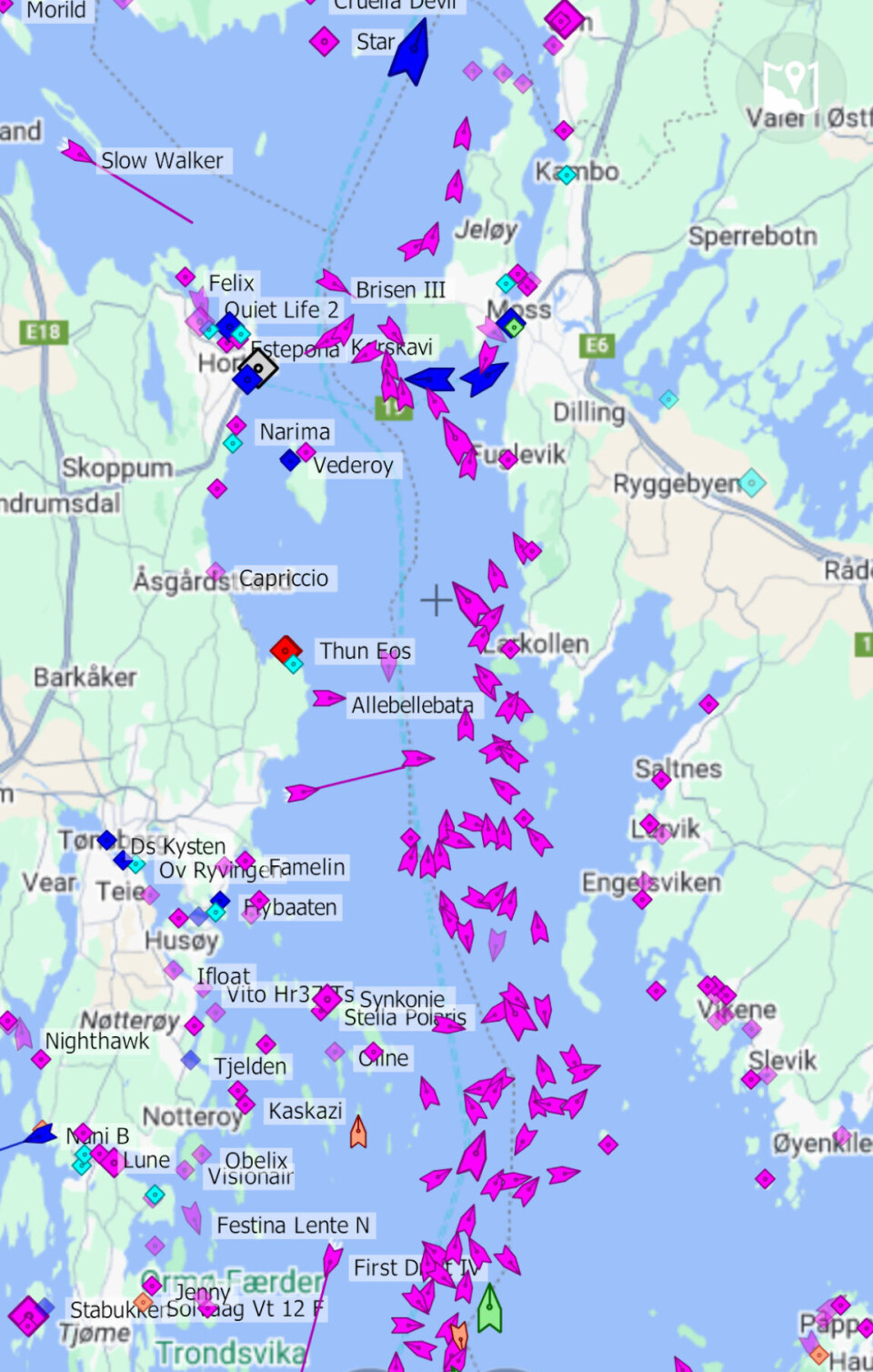 AIS: Båtene ligger mellom Færder og mållinjen ved Bile, men svært ulik fart.