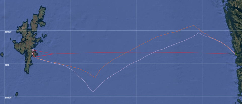 RUTE: Sporet til de to JPK 1030 hvor vinneren «Eureka» valgte en sørligere spor, mens «Avanti II» fikk en kortere vei.