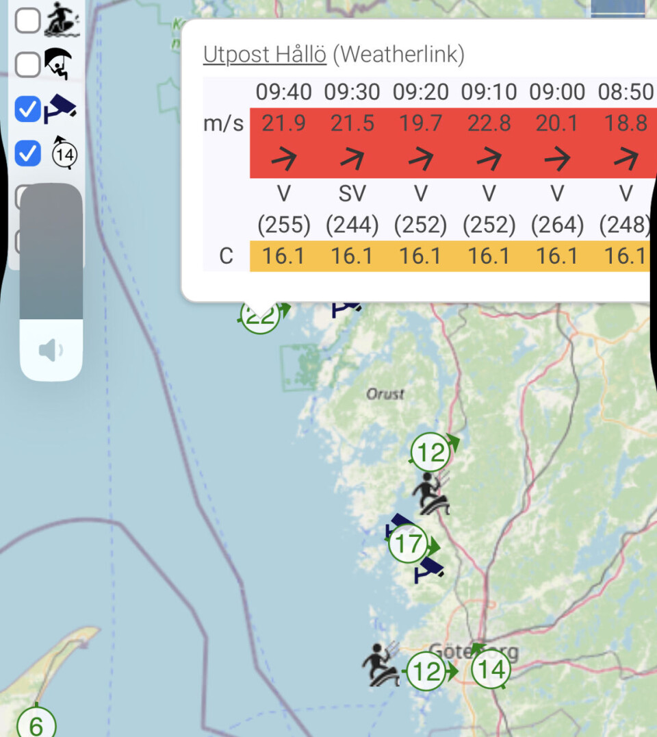 VIND: Det blåser 22 m/s på Hallö utenfor Smögen søndag formidag. Det er liten storm.