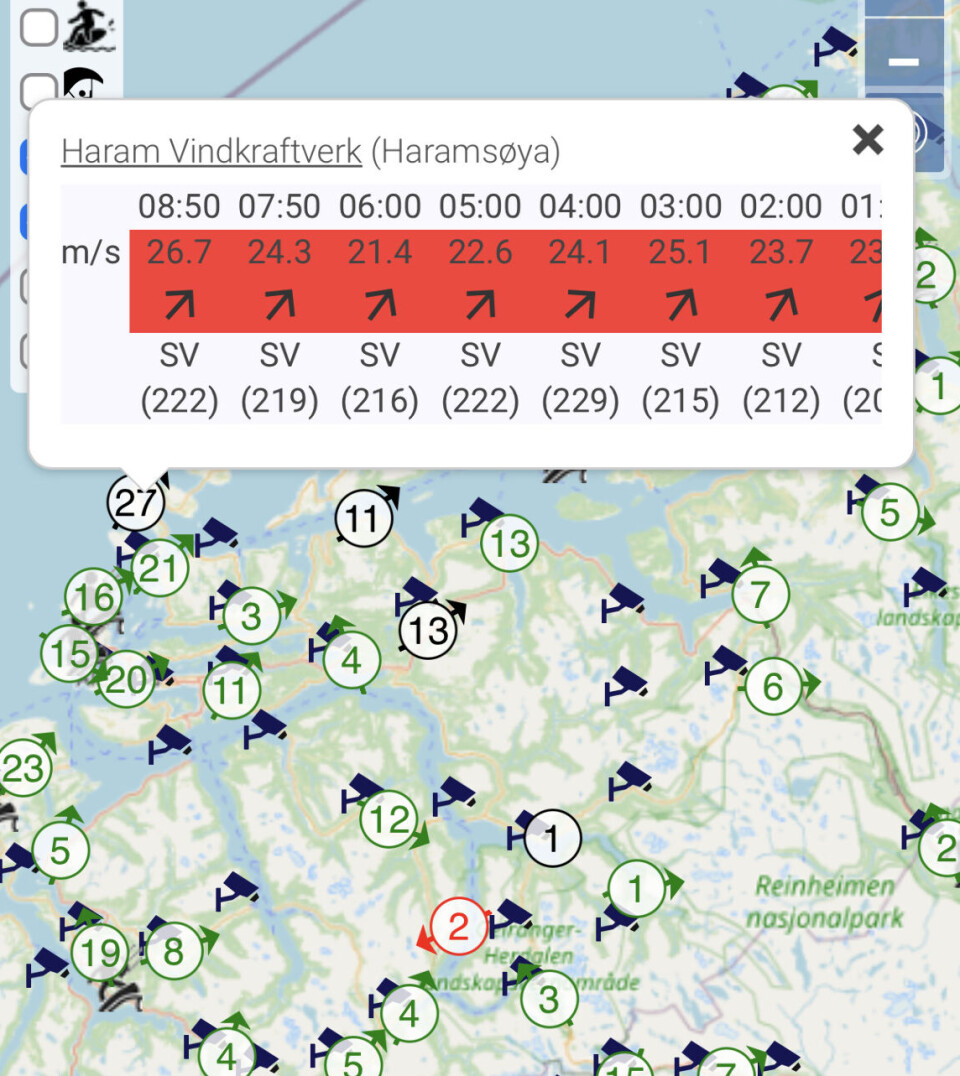 REKORD: Nord for Ålesund er det vind opp mot 27 m/s.