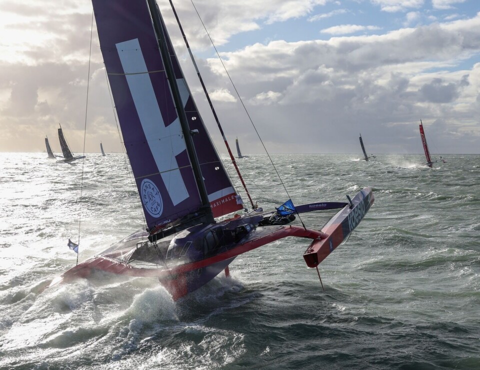 RASKE: Ocean Fifty er trimaraner etter en boksregel. De er svært raske, men ukomfortable. LE HAVRE, FRANCE: Ocean Fifty Koesio, skippers Erwan Le Roux and Audrey Ogereau is photographed at the start of the Transat Café l'OR 2025 on October 25, 2025 in Le Havre, France. (Photo by Jean-Marie Liot / Alea)