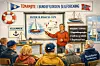 Instruktør peker på tavle med regattatips foran tilhørere i seilforening.