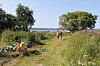 To personer går på en sti gjennom høyt gress og villblomster med havet i bakgrunnen.